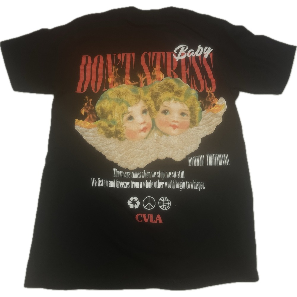 CVLA T-Shirt Mens S Don't Stress Baby Cherub Graphic Black Short Sleeve Tee
